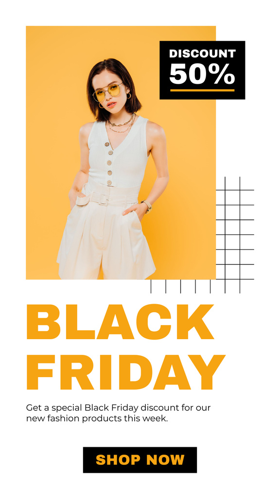 Designvorlage Black Friday Sale with Woman in White Outfit für Instagram Story