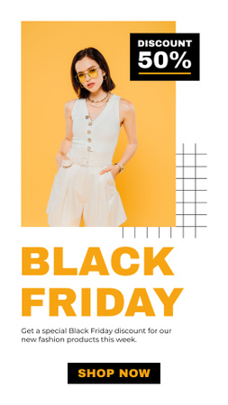 Designvorlage Black Friday Sale mit Frau im weißen Outfit für Instagram Story
