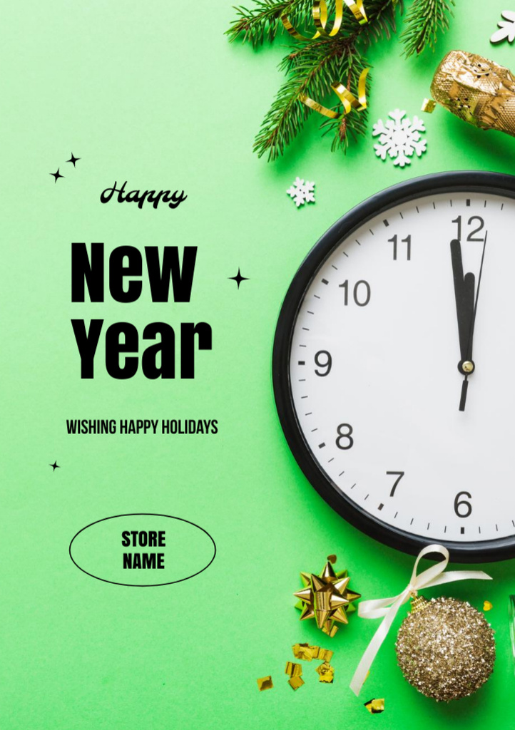 New Year Holiday Greeting With Clock And Champagne Postcard A5 Vertical Design Template