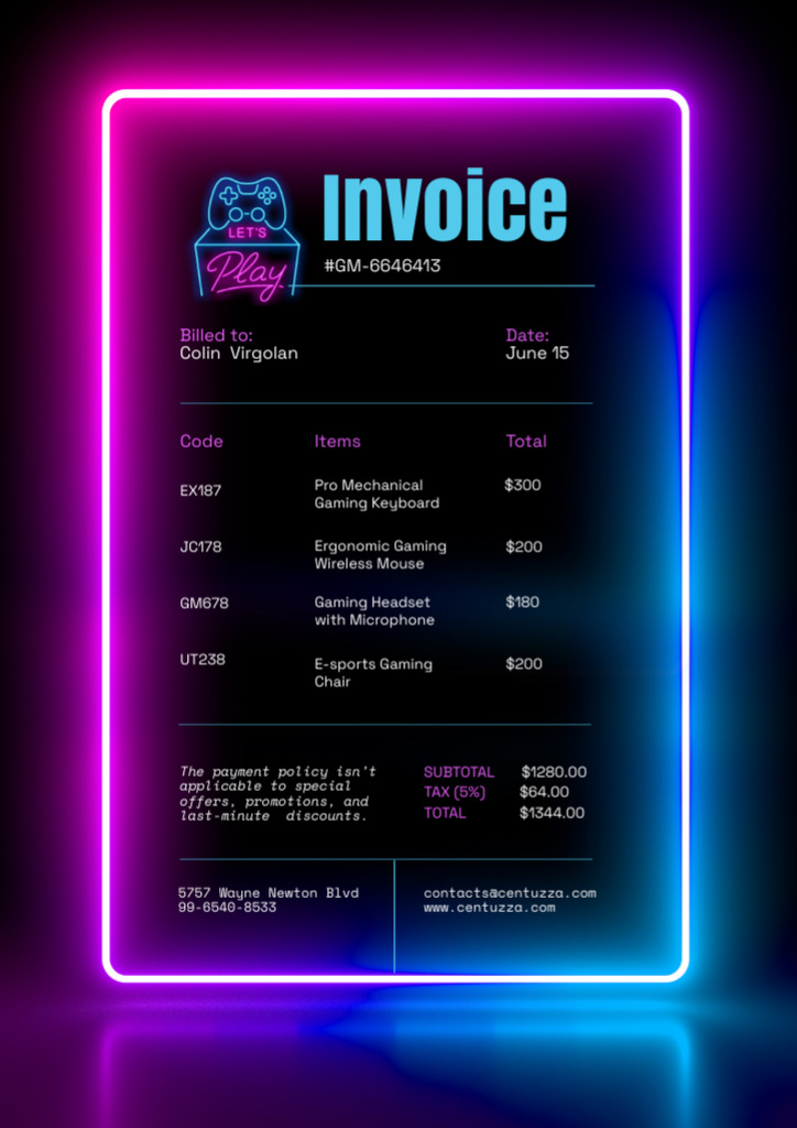 Ontwerpsjabloon van Invoice van Game Equipment Sale Announcement in Neon Frame