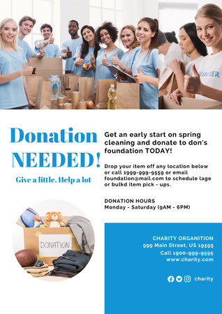 Volunteers Gathering Items for Donation on Blue Poster Design Template