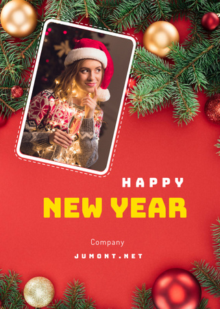Happy New Year Greeting With Champagne Postcard 5x7in Vertical Design Template