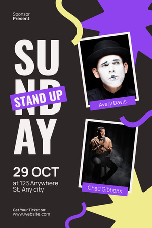 Sunday Stand-up Event Ad with Mime and Performer Pinterest Design Template