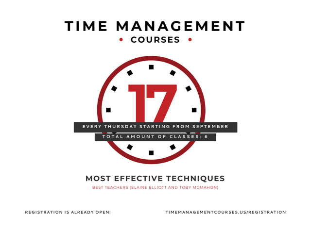 Time Management Courses Announcement with Red Circle Poster 18x24in Horizontal Šablona návrhu