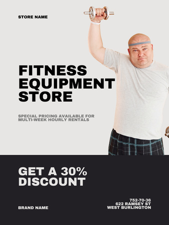 Template di design Annuncio del negozio di articoli sportivi con uomo in sovrappeso che fa fitness Poster US