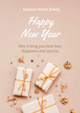 Cute New Year Greeting with Presents Postcard A6 Vertical Design Template