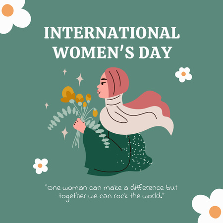 International Women's Day with Muslim Woman holding Flowers Instagram Tasarım Şablonu