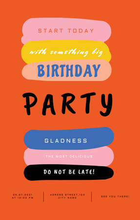 Birthday Party Bright Announcement with Multicolored Stripes Invitation 4.6x7.2in Design Template