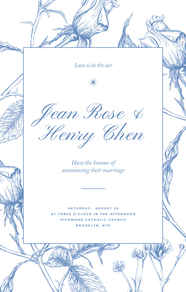 Wedding Ceremony Announcement With Sketch Flowers in Frame Invitation 4.6x7.2inデザインテンプレート