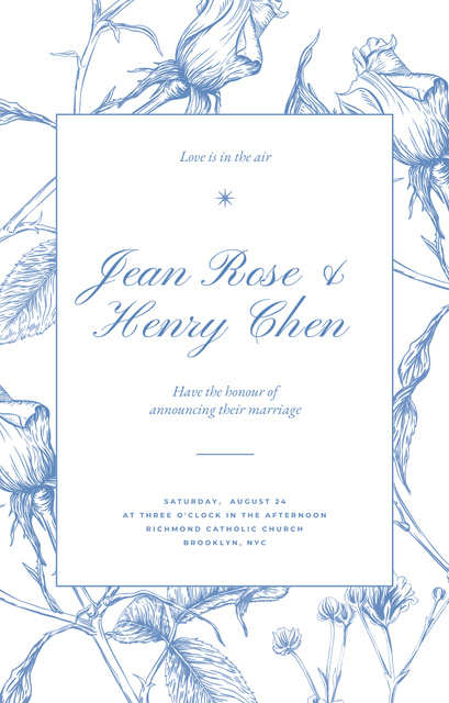 Wedding Ceremony Announcement With Sketch Flowers in Frame Invitation 4.6x7.2in Tasarım Şablonu