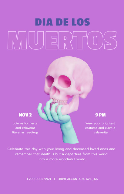 Plantilla de diseño de Celebration of Dia de los Muertos Announcement With Skull Invitation 4.6x7.2in 