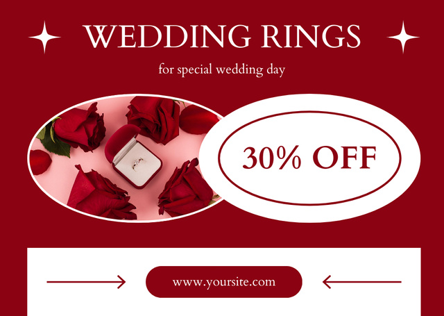 Jewelry Offer with Wedding Ring in Red Box and Roses Card Design Template