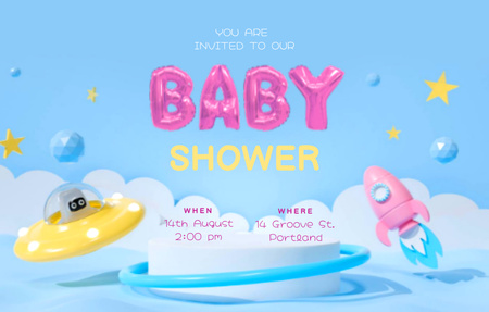 Designvorlage Baby Shower Announcement with Cartoon Spaceship and Rocket für Invitation 4.6x7.2in Horizontal