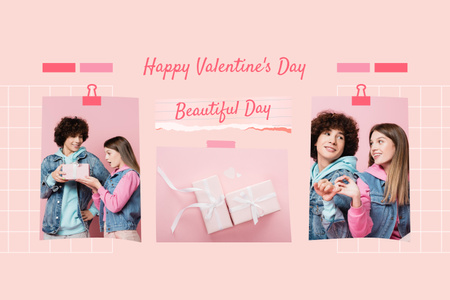 Modèle de visuel Souhaiter une bonne Saint-Valentin avec des cadeaux roses - Mood Board