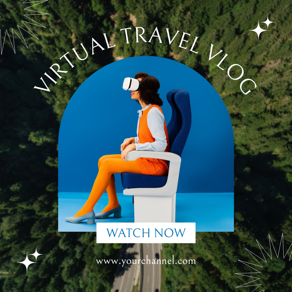 Virtual Travel Vlog Promotion with Futuristic Woman in VR Glasses Instagram Design Template
