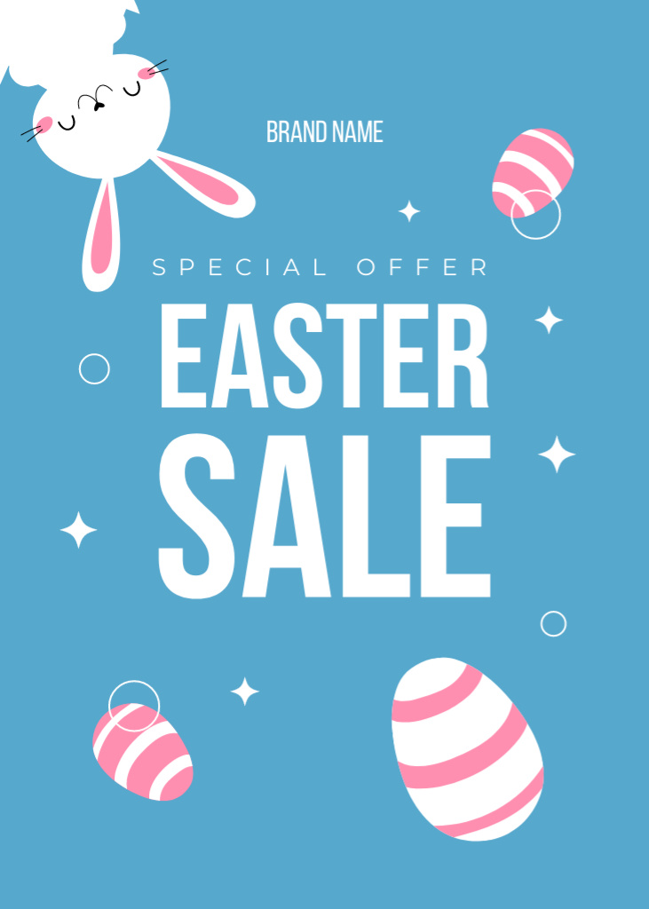 Easter Holiday Sale Advertisement with White Rabbit and Painted Eggs Flayer Design Template