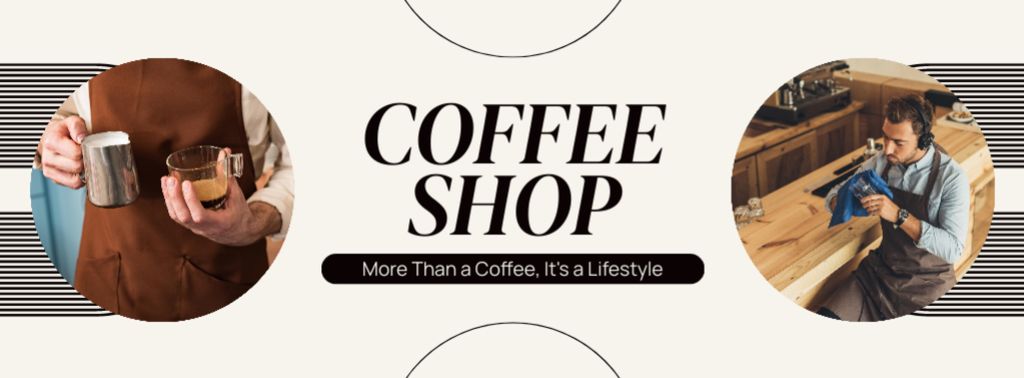 Ontwerpsjabloon van Facebook cover van Coffee Shop Promotion With Slogan And Skillful Barista