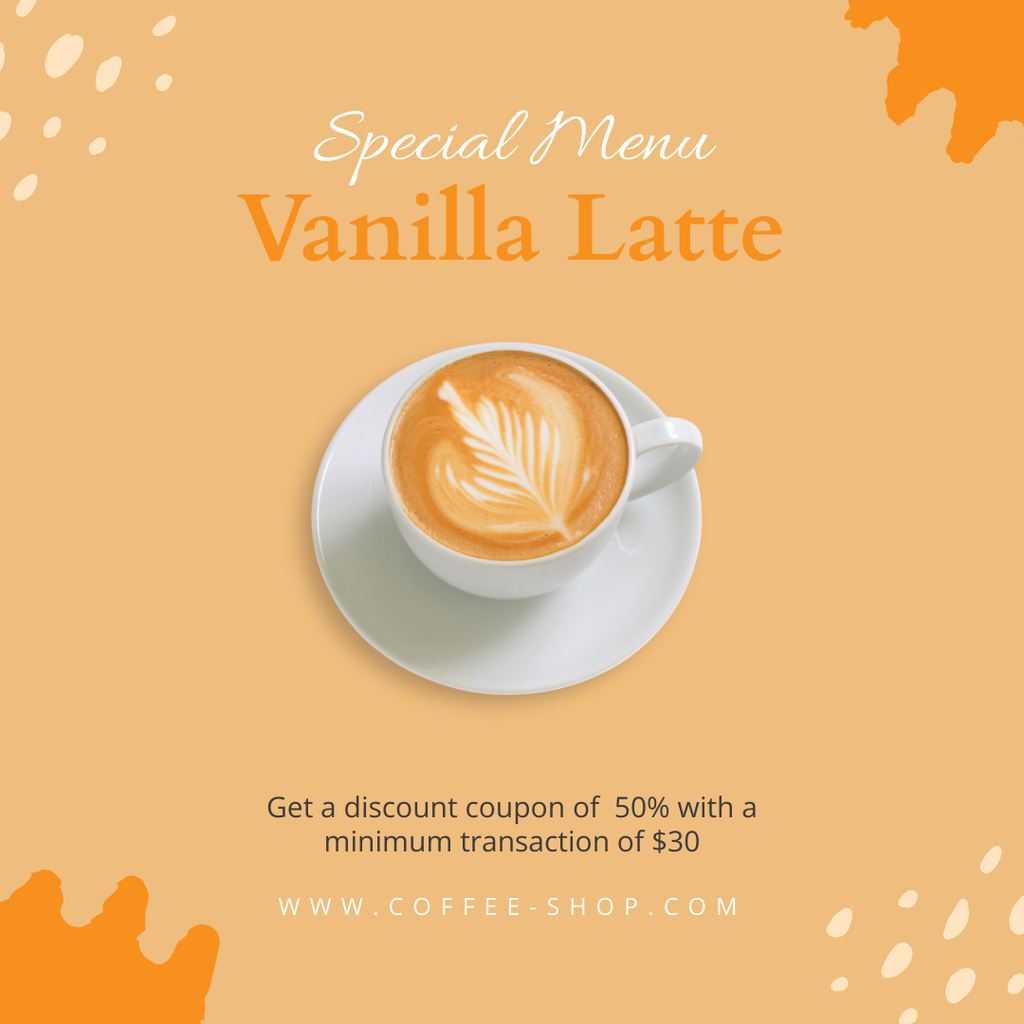 Special Menu Offer with Vanilla Latte Instagram Πρότυπο σχεδίασης