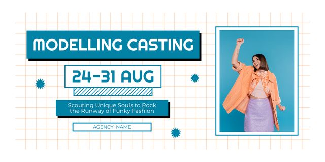Model Casting Announcement with Happy Woman Twitterデザインテンプレート