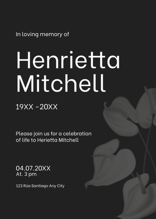 Funeral Invitation in Black with Leaves Flayer Design Template