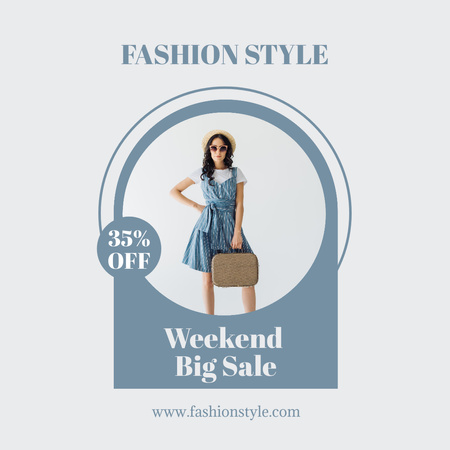 Weekend Big Sale Announcement with Stylish Girl in Blue Dress Instagram Tasarım Şablonu
