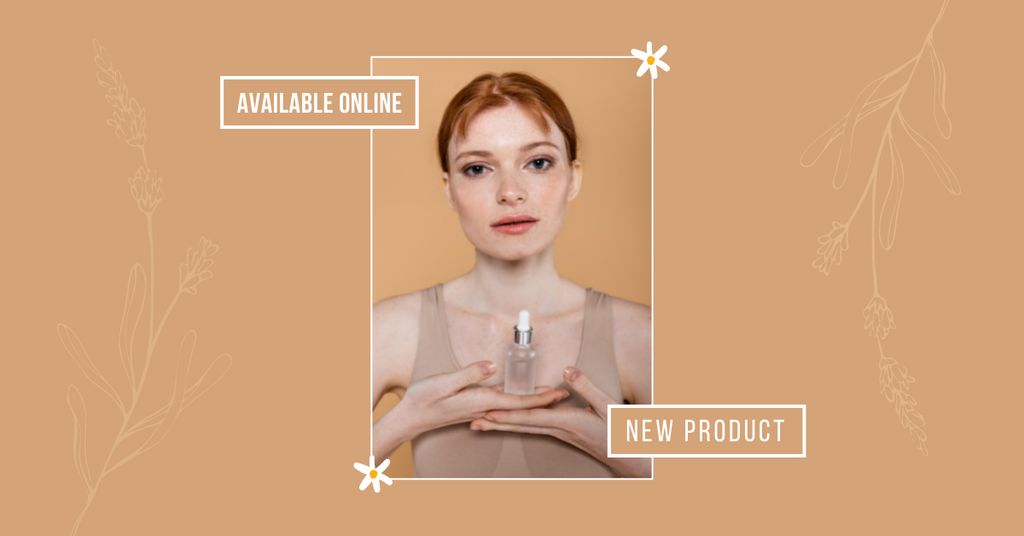 Skincare Ad with Woman Holding Bottle of Serum Facebook AD Design Template