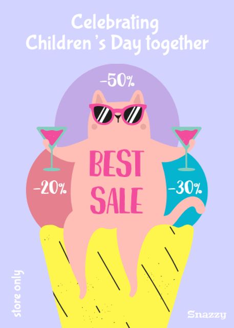 Designvorlage Funny Sale on Children's Day with Cute Cat für Invitation