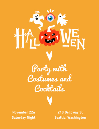 Halloween Party Announcement with Pumpkin and Ghosts Invitation 13.9x10.7cm Design Template