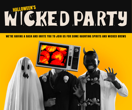 Halloween Party Announcement with People in Costumes Facebook Design Template