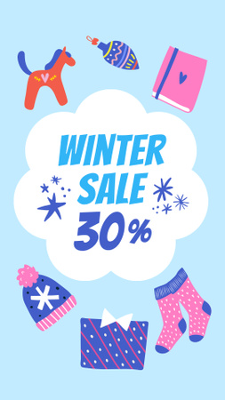 Winter Sale Announcement with Cute Toys and Warm Clothes Instagram Story Design Template