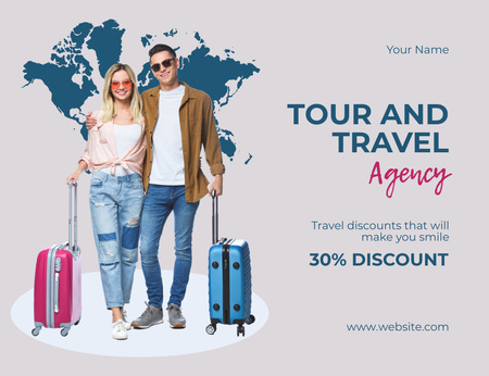 Tourists with Luggage Are Going to Travel Worldwide Thank You Card 5.5x4in Horizontal Design Template