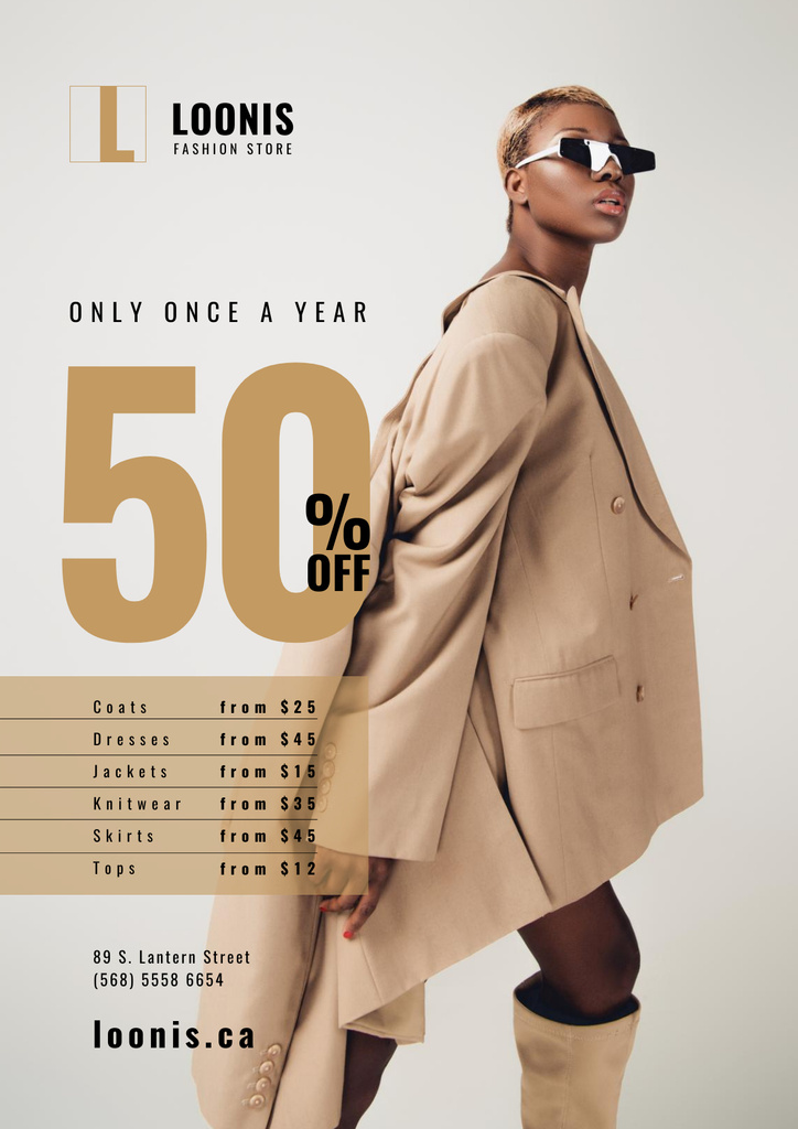 Template di design Fashion Store Sale with Woman in Sunglasses Poster
