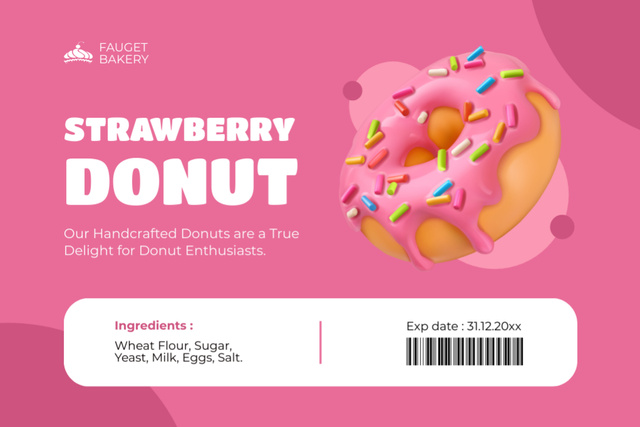 Designvorlage Strawberry Donut Promotion From Bakery In Pink für Label