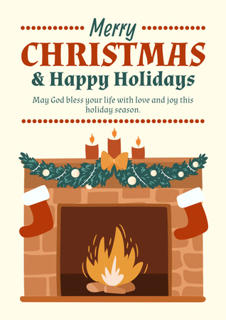 Christmas and New Year Greeting with warm decorated fireplace Poster Design Template