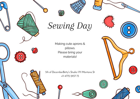 Sewing Day Event Announcement with Needlework Tools Flyer A6 Horizontal Design Template