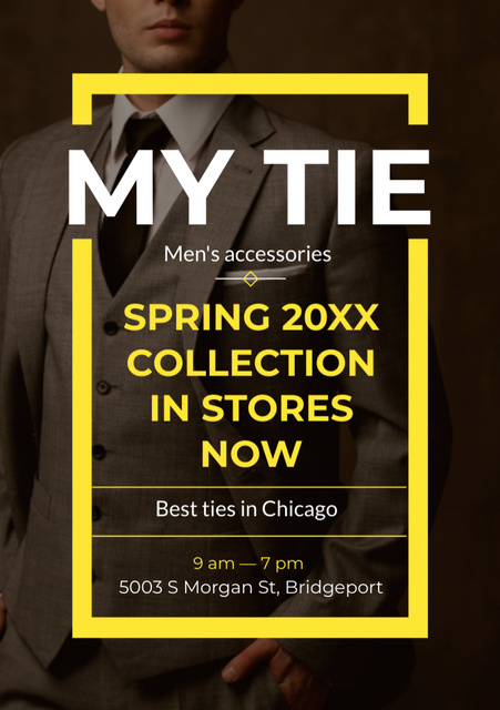 Men’s Spring Collection Ad with Handsome Man Wearing Suit and Tie Flyer A5 Πρότυπο σχεδίασης