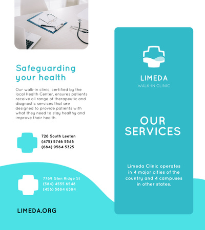 Perfect Clinic Services Promotion with Doctors Attributes Brochure 9x8in Bi-fold Design Template
