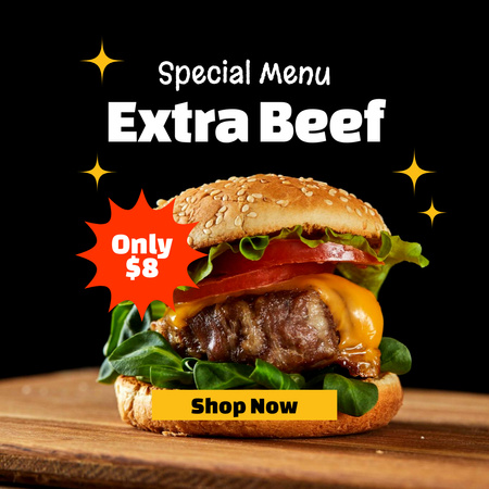 Modèle de visuel Extra Beef Burger Special Menu Offer in Black - Instagram
