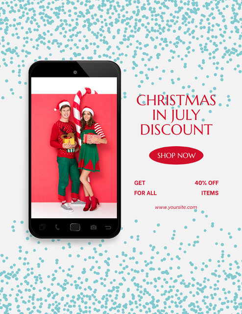 Template di design July Christmas Discount Announcement with Humans in Elf Costumes Flyer 8.5x11in