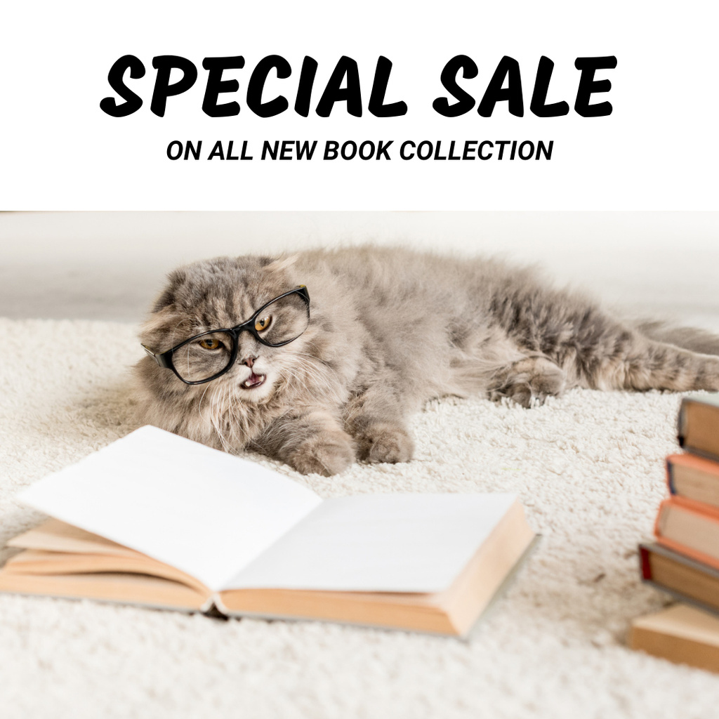 Books Sale Announcement with Funny Cat Instagram Πρότυπο σχεδίασης