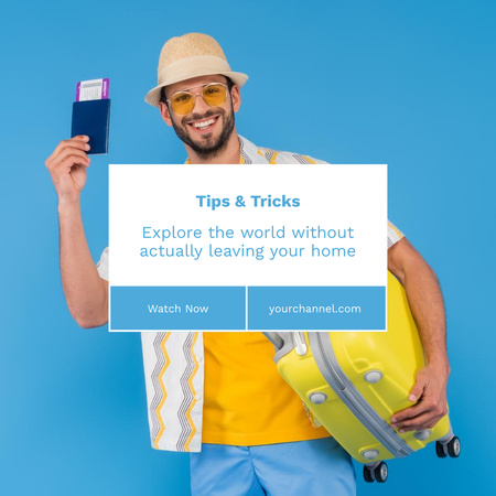 Щасливий молодий чоловік у капелюсі з валізою та паспортом Instagram – шаблон для дизайну