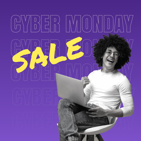 Sale on Cyber Monday with Young Man using Laptop Animated Post Design Template
