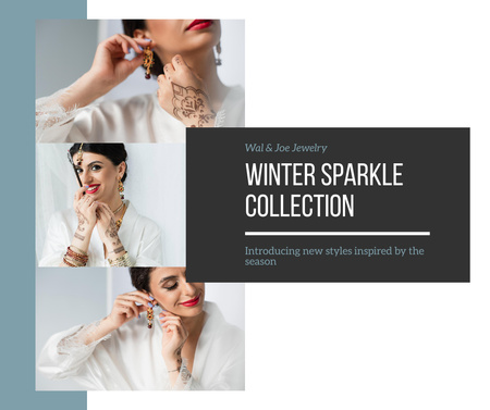 Ontwerpsjabloon van Facebook van Jewelry Winter Collection Sale with Lady Wearing Earrings
