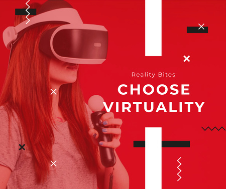 Woman using vr glasses in red Facebook Design Template