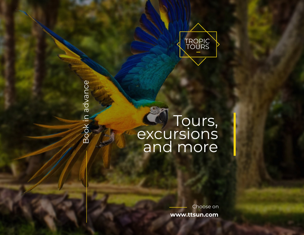 Template di design Exotic Tours Offer with Blue Macaw Parrot Flyer 8.5x11in Horizontal