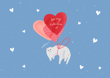 Happy Valentine's Day Greeting with Cute Cat and Hearts Card Design Template