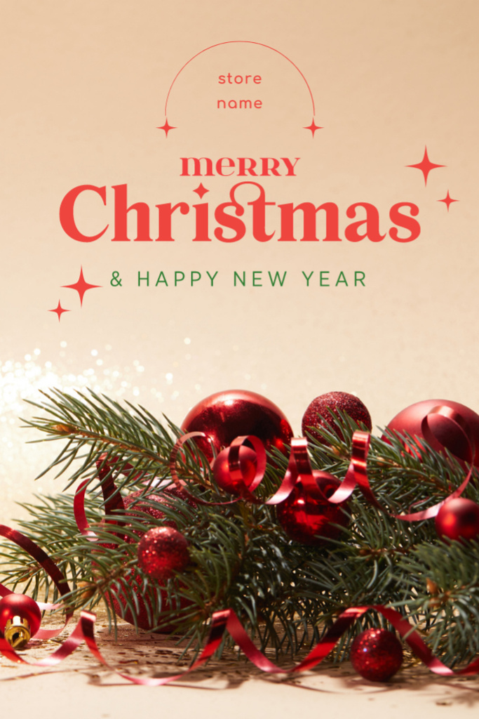 Sincere Christmas and New Year Greeting with Decorated Twig Postcard 4x6in Vertical Design Template