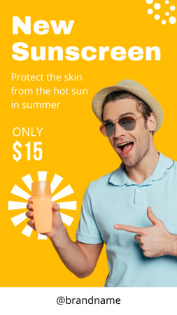 Designvorlage Glücklicher Mann mit Sonnenschutzlotion für Instagram Story