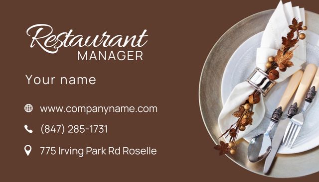Restaurant Manager Services Offer with Plates and Cutlery Business Card US Design Template