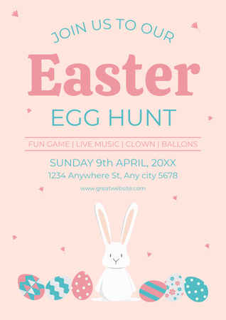 Объявление об охоте за пасхальными яйцами с милыми кроликами и традиционными крашеными пасхальными яйцами Poster – шаблон для дизайна